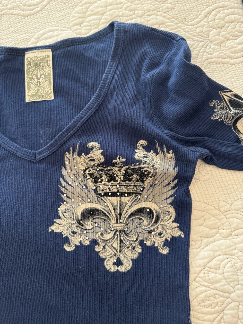 Vocal Y2K Women’s Navy Royal Blue Long Sleeve Thermal Graphic Top Sz Small